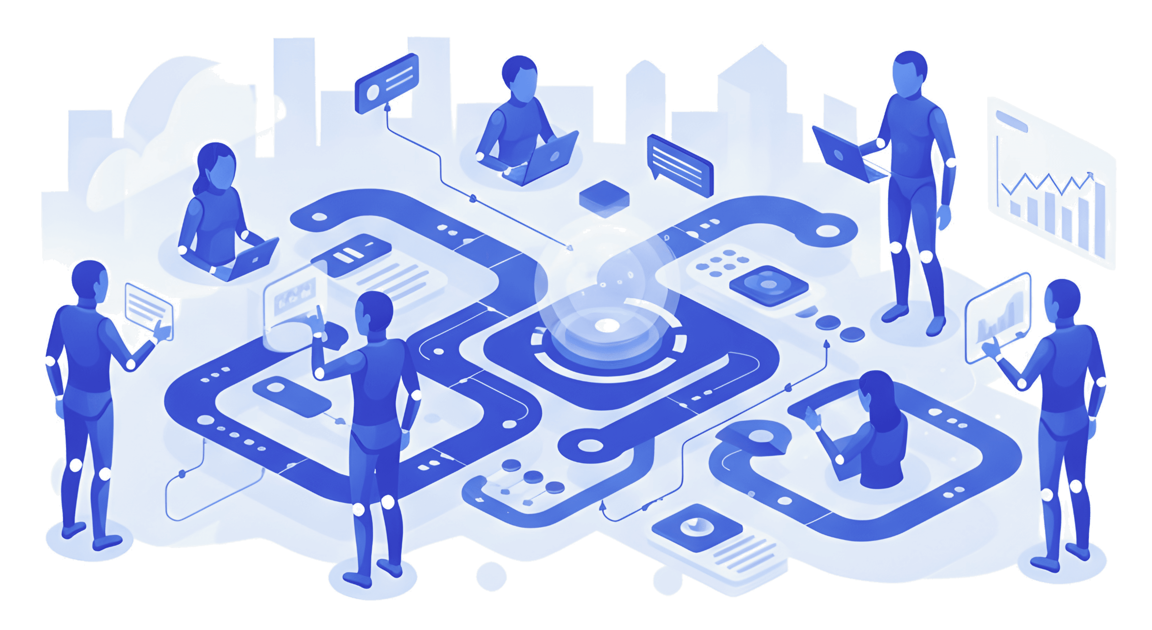 Illustratie van digitale collega's die samenwerken met het team